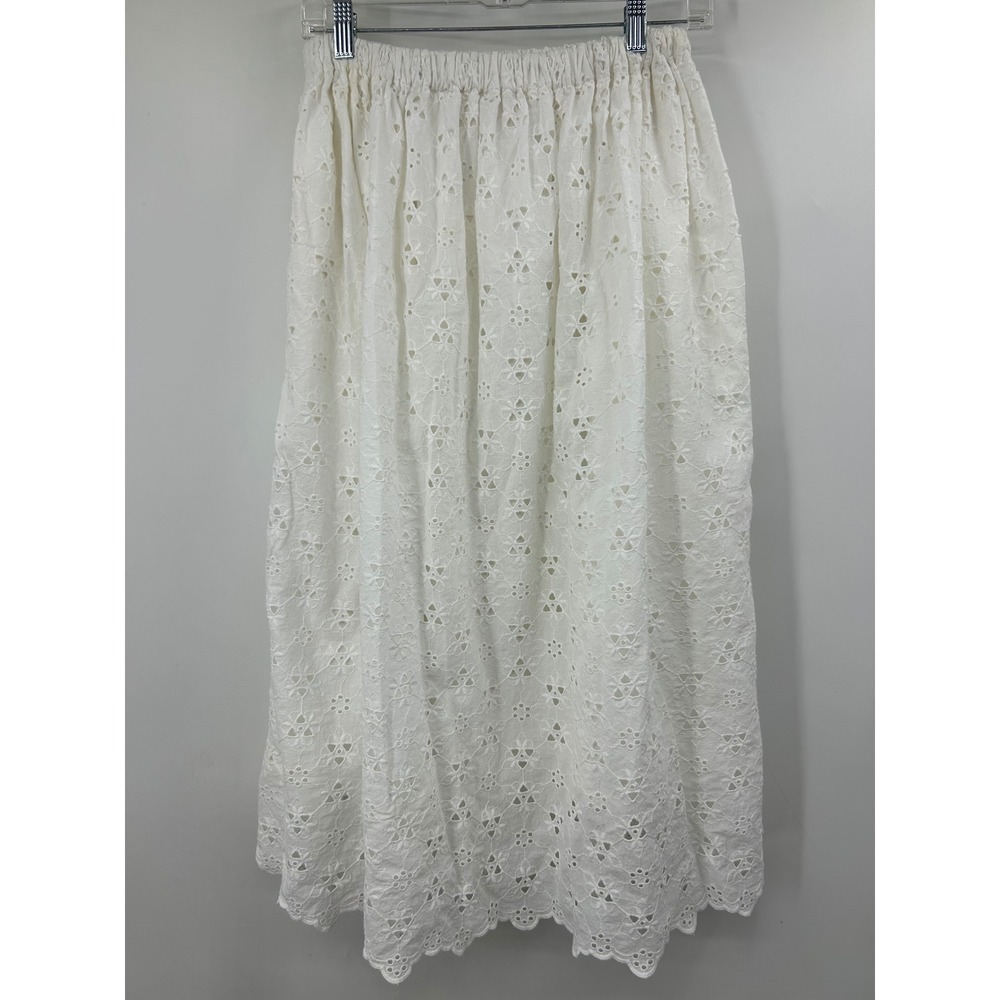New Society White Eyelet Midi Skirt Elastic Waist Pockets Scalloped Hem XS